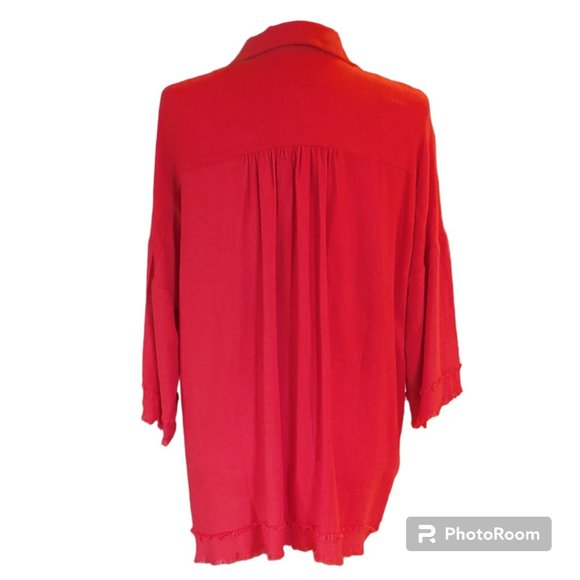 Umgee Tomato Red Linen Blend Over-Sized Boho Tunic with Frayed Hem - Picture 5 of 9